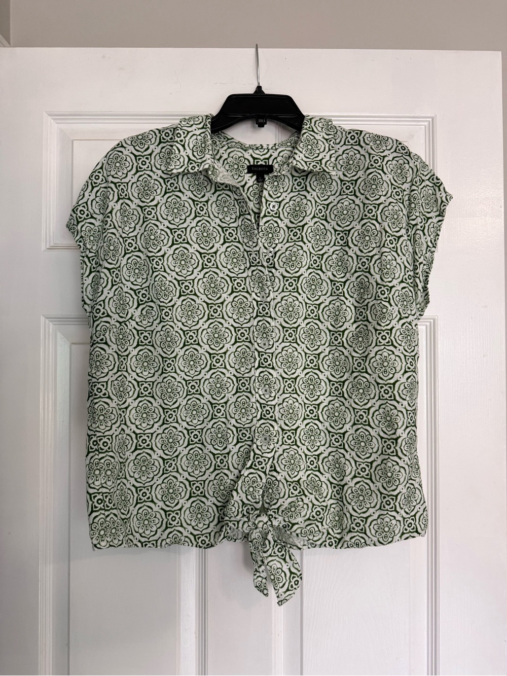 Talbots Green and White Floral Tie-Front Button-Down Shirt